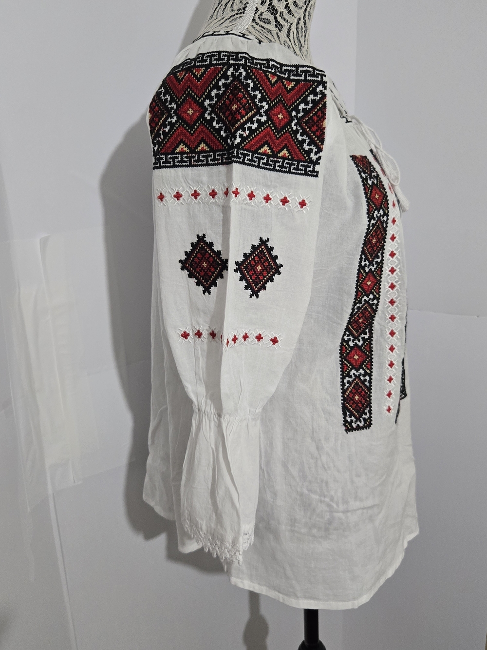 White Embroidered Boho Peasant Blouse with Red & Black Folk Motif - Picture 7 of 8